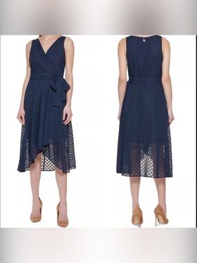 Tommy Hilfiger Woven Wrap Surplice Neckline Midi Chiffon Dress Navy Blue Size 2